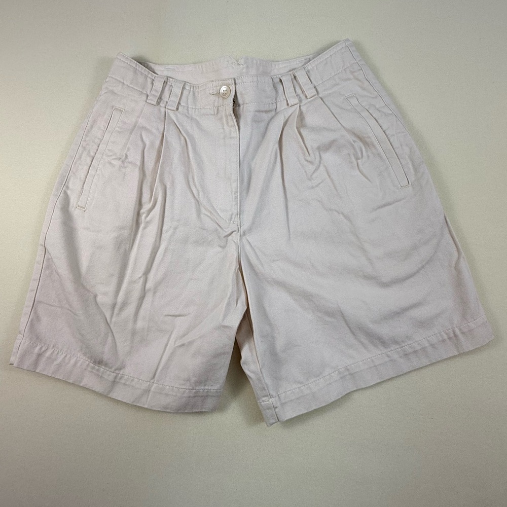 Vintage Lizsport Cream High-Waist Pleated Cotton Shorts Womens P8